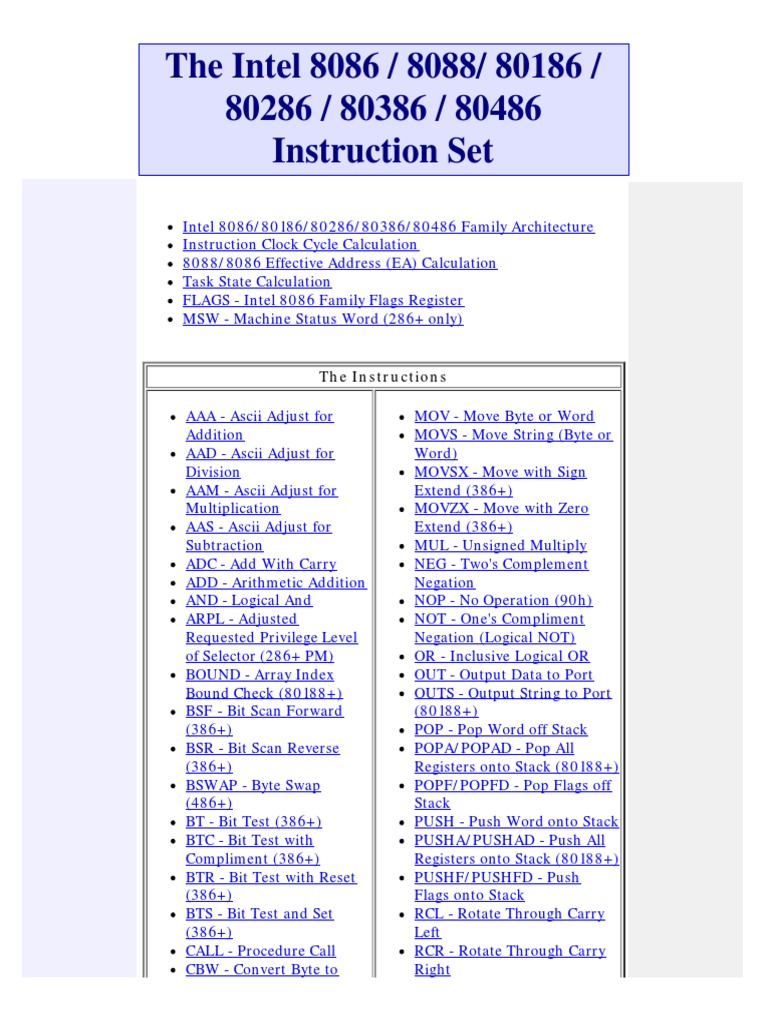 The Intel 8086 8088 80186 v.s Instruction Set Instruction Set