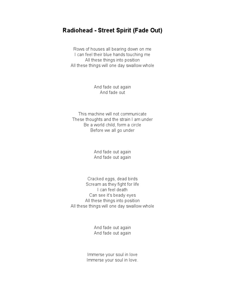 Radiohead Street Spirit (Fade Out) Lyrics PDF