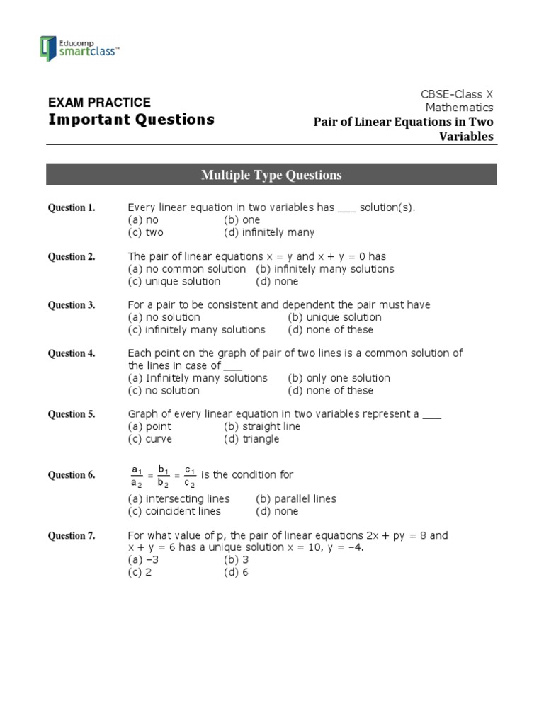 Class 10 Math: Linear Equations Practice | PDF