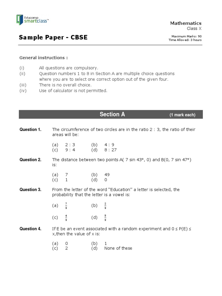 CBSE Class X Mathematics Sample Paper | PDF | Teaching Methods ...