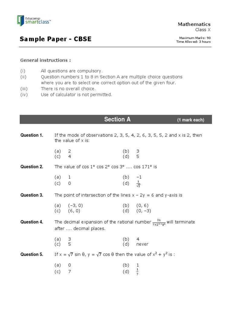 Sample Paper - CBSE: Section A | PDF