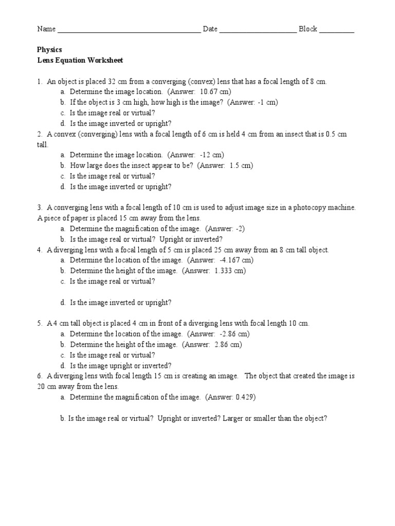 Lens Equation Worksheet PDF