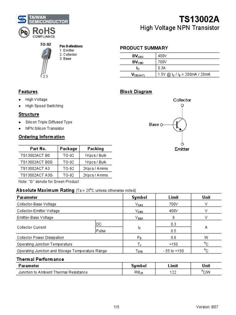 TS13002A(TO-92) | Bipolar Junction Transistor | Electrical Engineering
