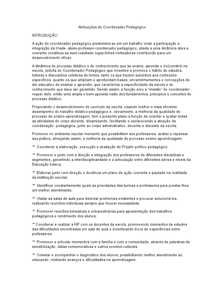 Atribuições do Coordenador Pedagógico | PDF | Pedagogia | Lição