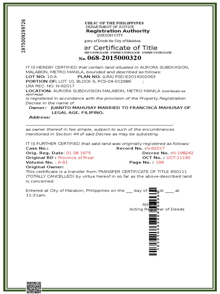 Transfer Certificate of Title: Land Registration Authority Transfer Certificate of Title: Land Registration Authority