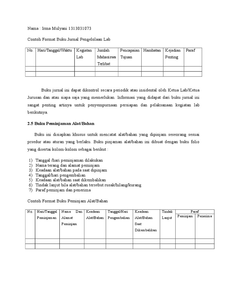 Contoh Buku Jurnal Pengelolaan Lab | PDF