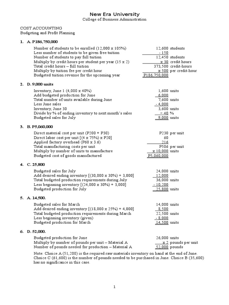 Quiz 12 Budgeting and Profit Planning Solutions Expense Net