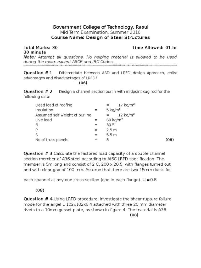 Steel Structures Exam: ASD vs LRFD Design | PDF
