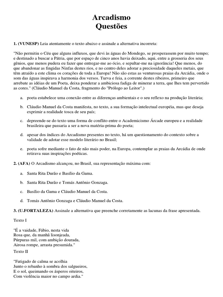 Questões sobre Arcadismo Brasileiro | PDF | Romantismo | Poesia