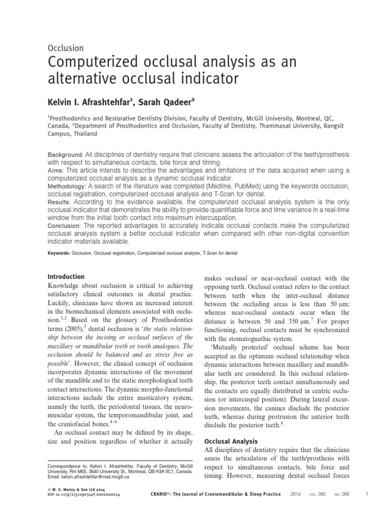 Computerized Occlusal Analysis As An Alternative Occlusal Indicator