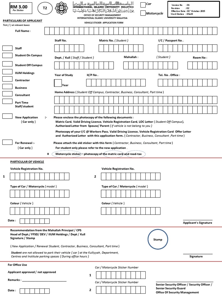 Application for Sticker Form_2015 Driver's License Vehicles Free