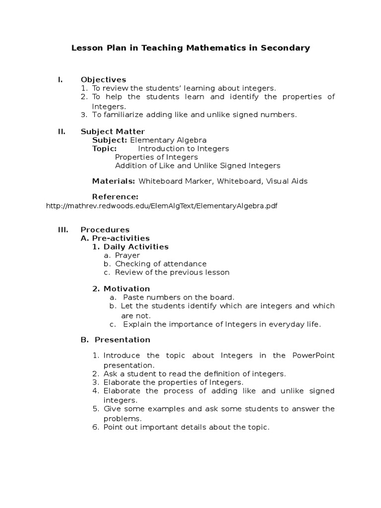 Secondary School Math Lesson Plan | PDF