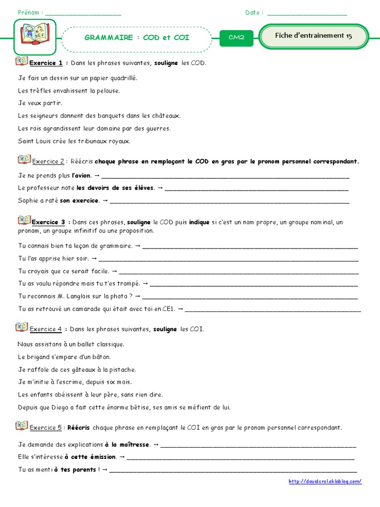 Exercice Groupe Nominal 6ème à Imprimer Fiche 15 COD Et COI | PDF | Clause | Phrase