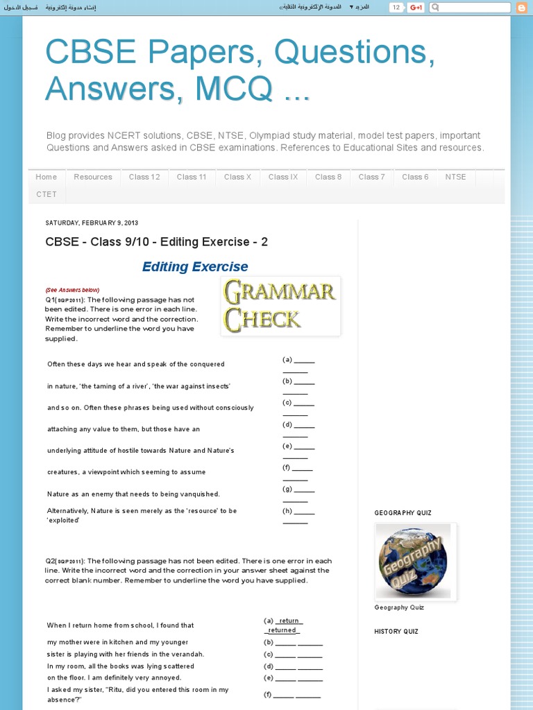 CBSE Papers, Questions, Answers, MCQ CBSE Class 910 Editing