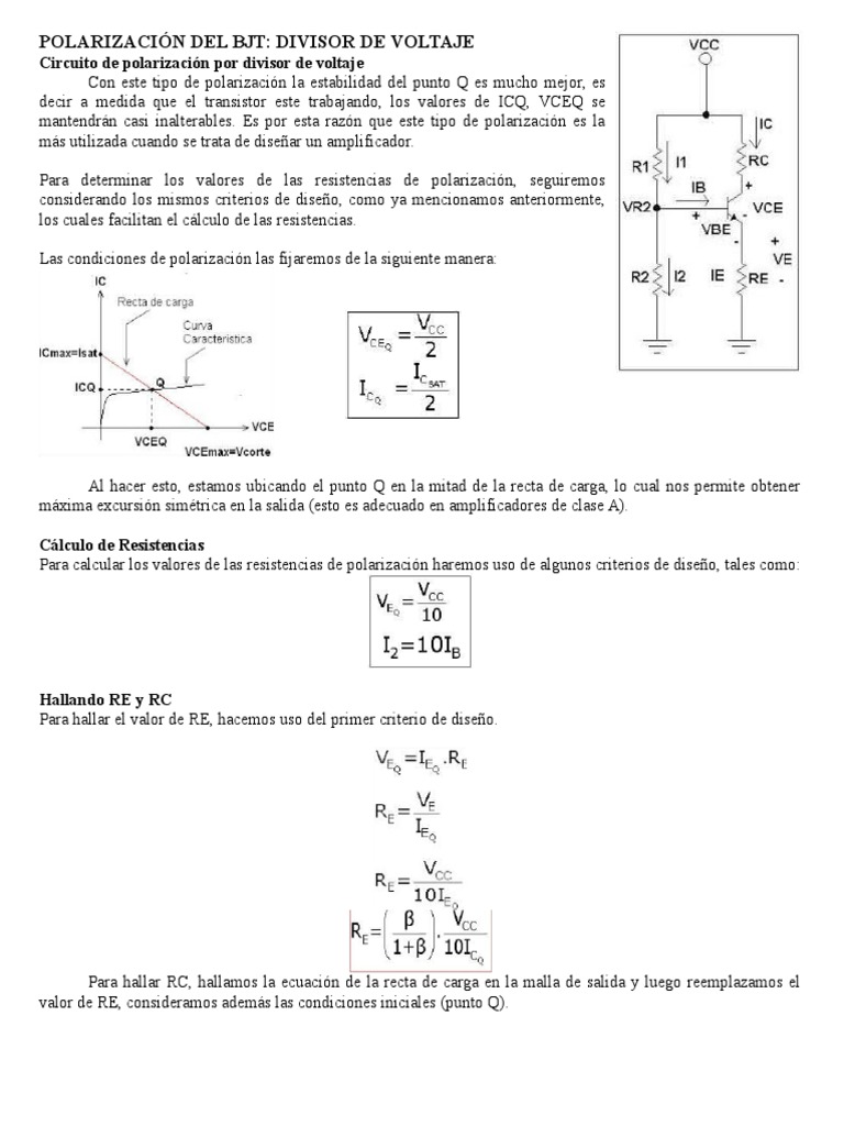 POLARIZACIÓN BJT Como Divisor de Voltaje PDF Resistencia Eléctrica