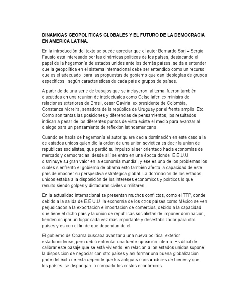 Dinamicas Geopoliticas Globales y El Futuro de La Democracia en America ...