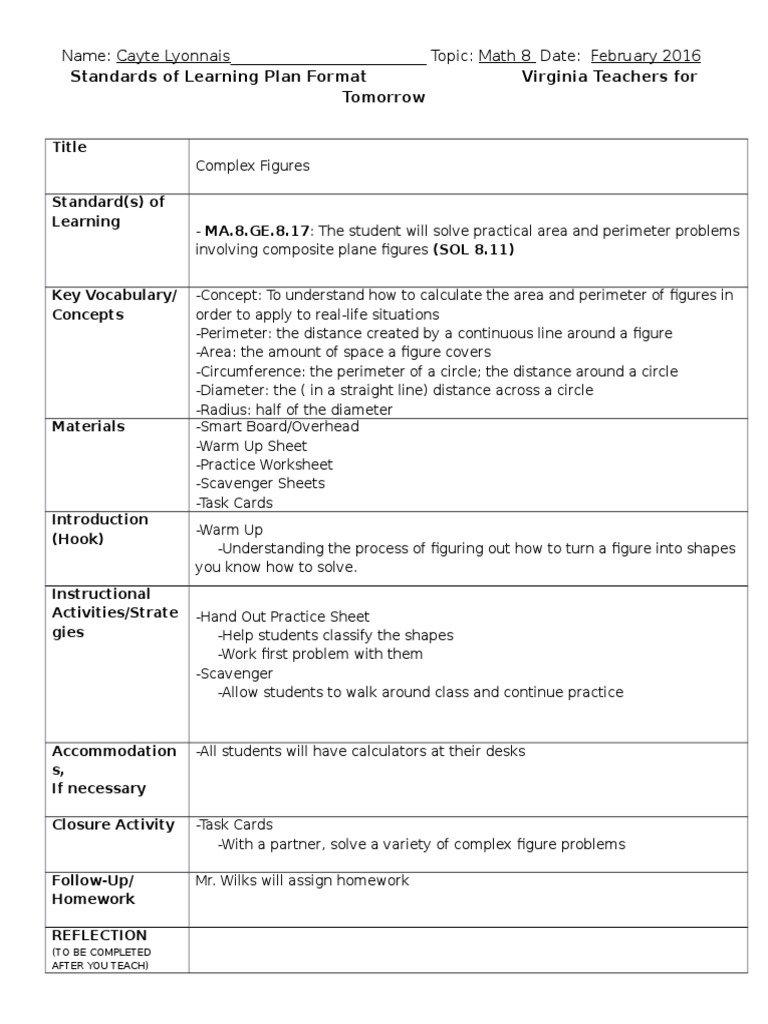 Standards of Learning Plan Format Virginia Teachers For Tomorrow | PDF