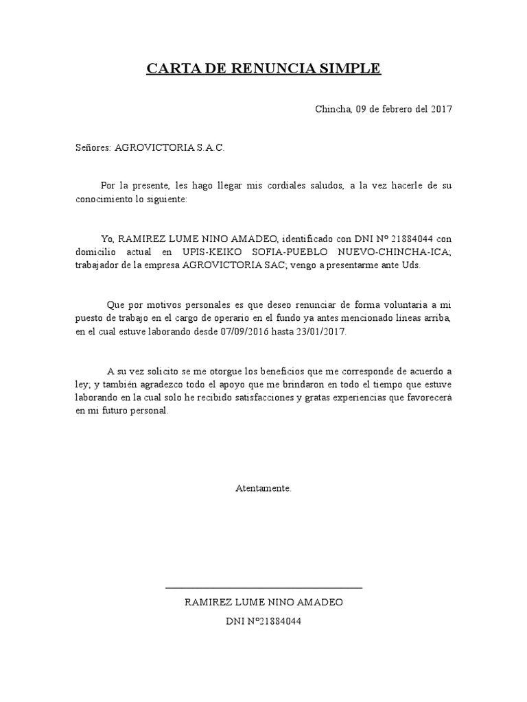 Carta de Renuncia Simple