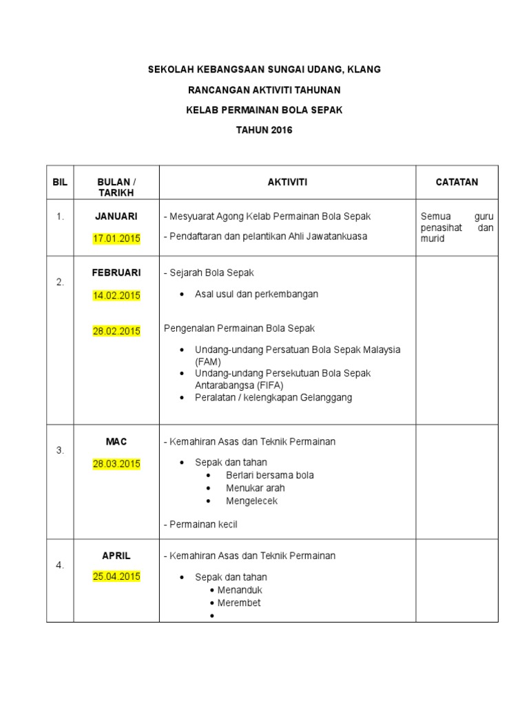Rancangan Aktiviti Tahunan Bola Sepak Pdf