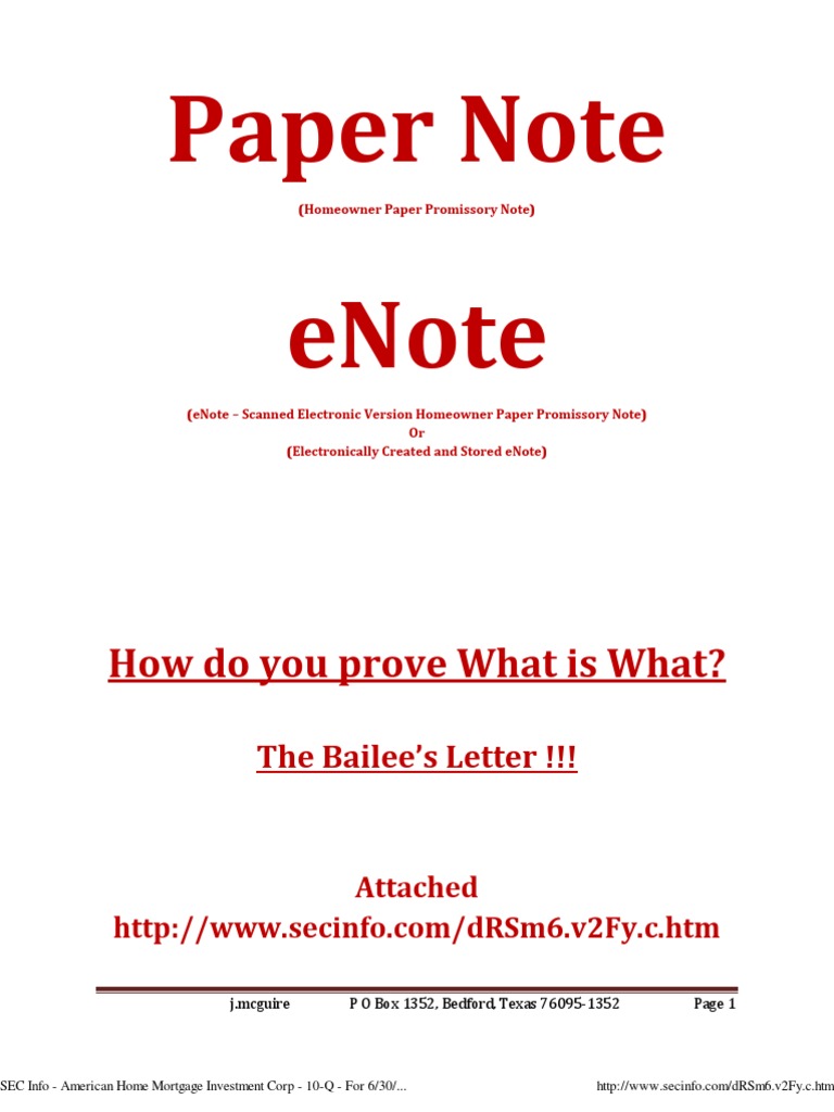 Paper ENote Bailee Letter Mortgage Loan Assignment Law 