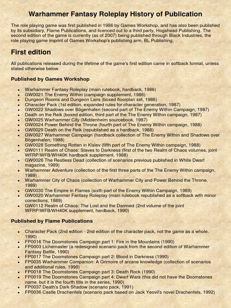Warhammer Fantasy Role Play History of Publication | PDF | Role Playing ...
