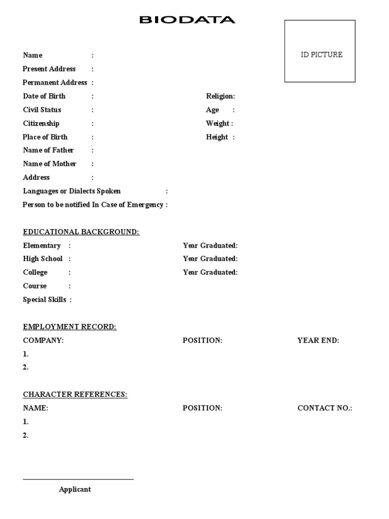 Bio Data Form Printable Free Download