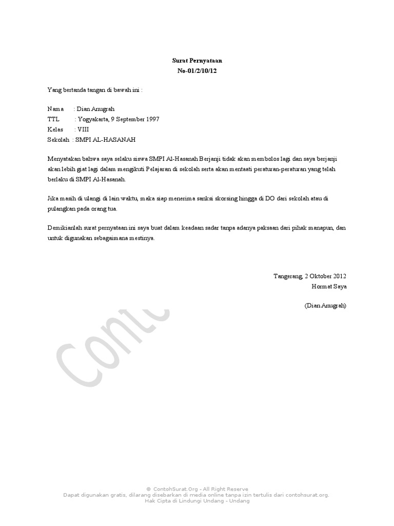 Contoh Surat Pernyataan Tidak Membolos Sekolah 