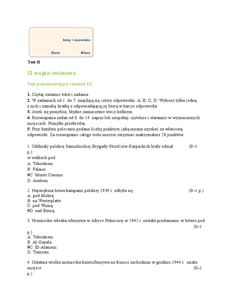 Sprawdzian Ii Wojna światowa Klasa 8 Pdf
