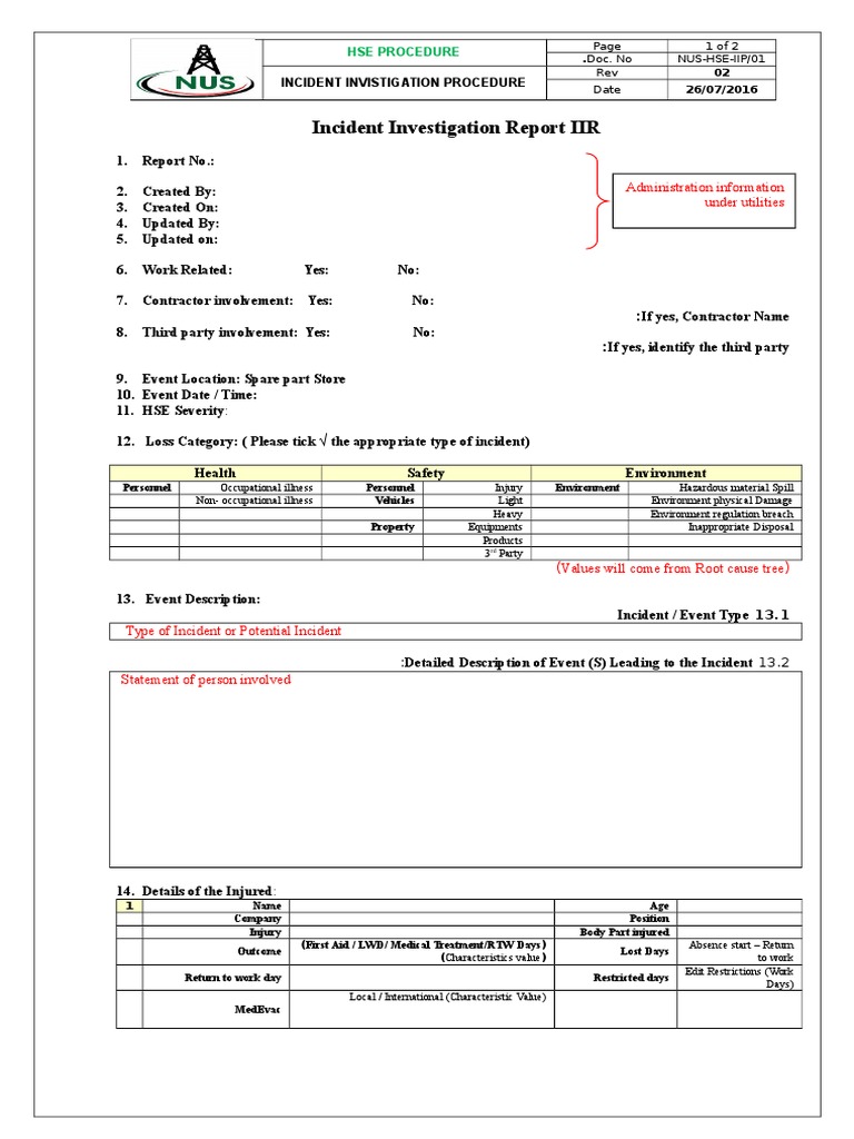 Incident Investigation Report Form Following A Systematic Incident