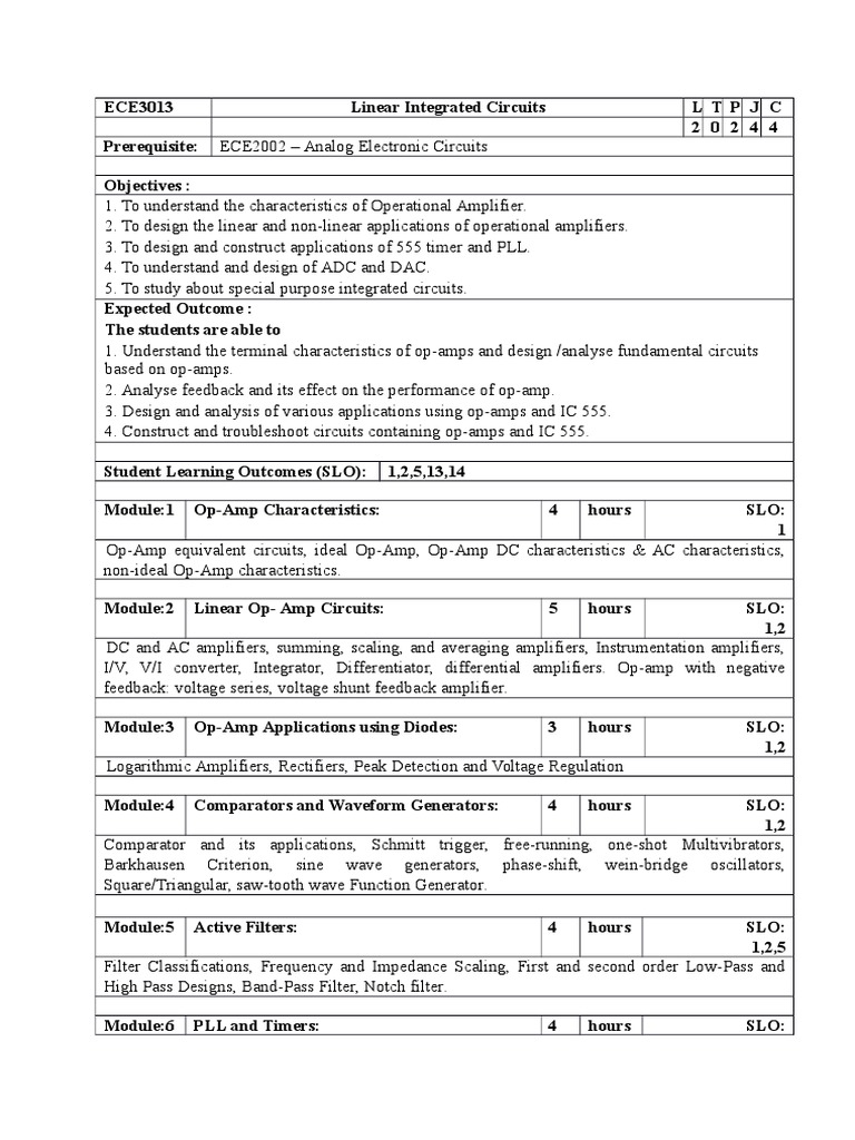 Linear Integrated Circuit Syllabus Vit Vellore PDF Operational