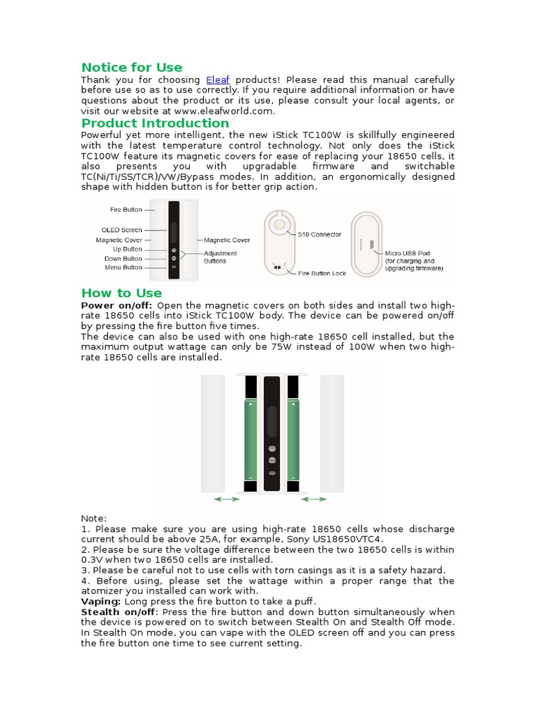 Eleaf iStick TC100W User Manual | PDF | Battery Charger | Fahrenheit