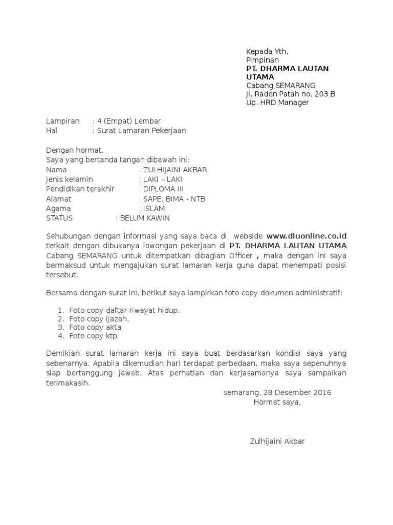 Contoh Surat Lamaran UMUM