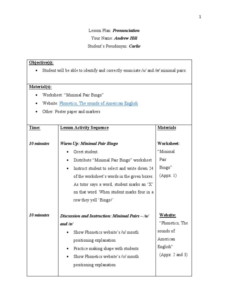 Lesson Plan Pronunciation Linguistics Cognition