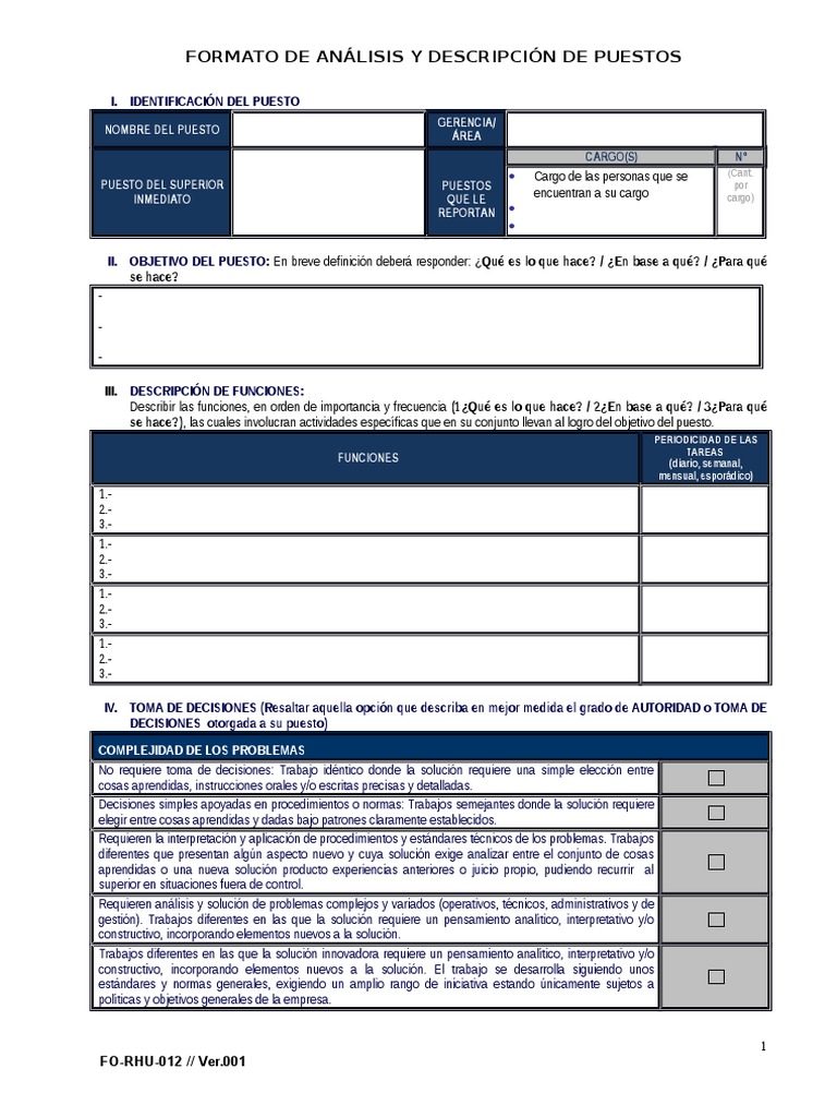 Formato de Análisis y Descripción de Puestos Registro | Toma de ...