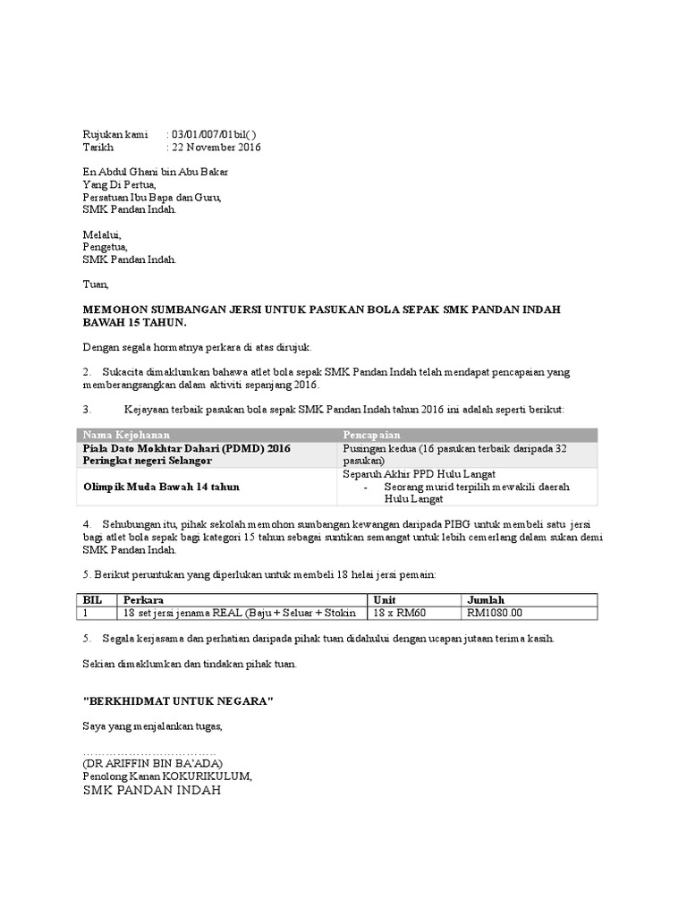 Contoh Surat Mohon Sponsor Pasukan Bola Sepak