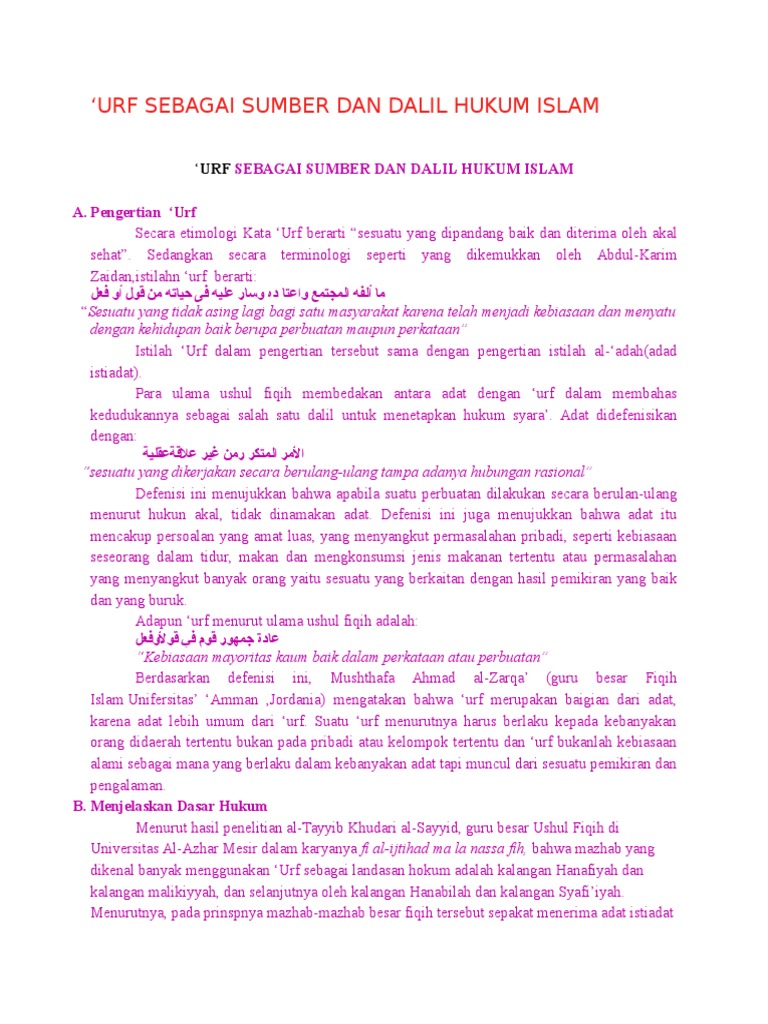 Urf Sebagai Sumber Dan Dalil Hukum Islam