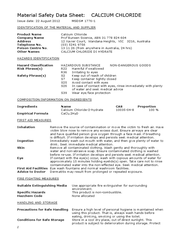 Material Safety Data Sheet Calcium Chloride PDF Water Chemical