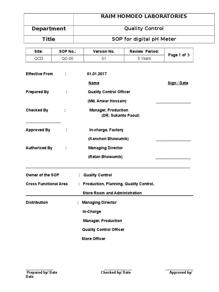 Sop For PH Meter PDF Ph Physical Chemistry