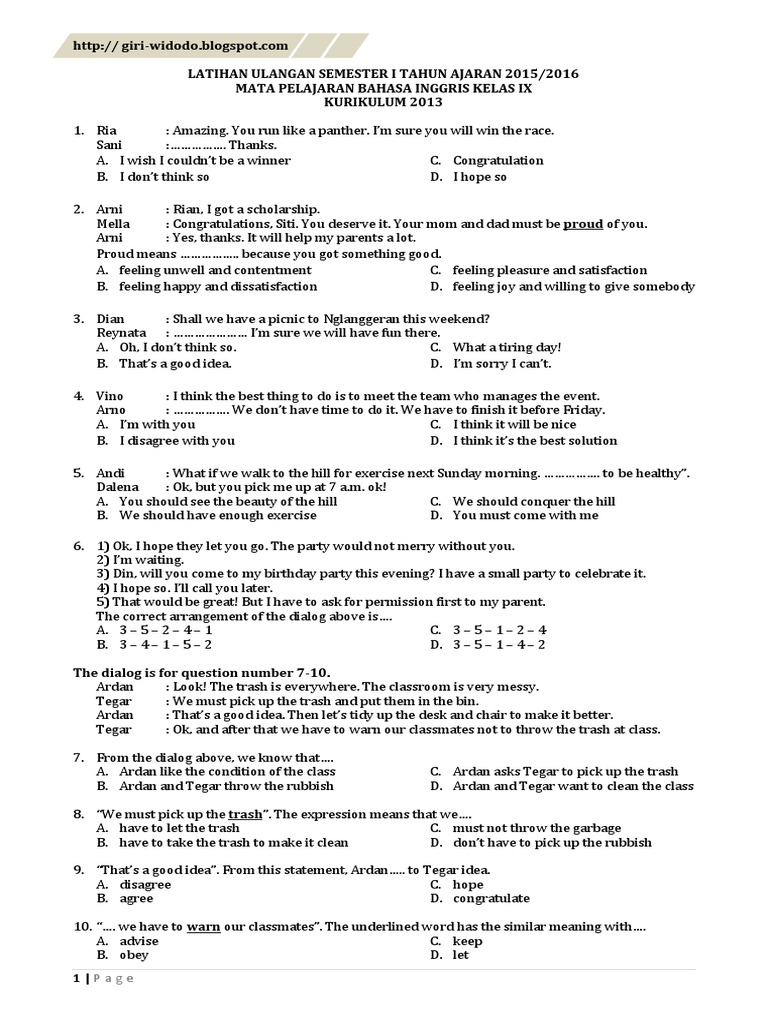 Latihan Soal Uas Bahasa Inggris Kelas 9 Semester 1