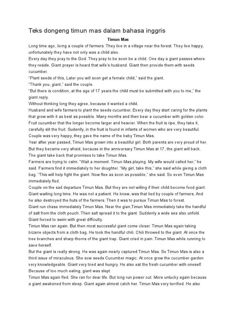 Teks Dongeng Timun Mas Dalam Bahasa Inggris Plants