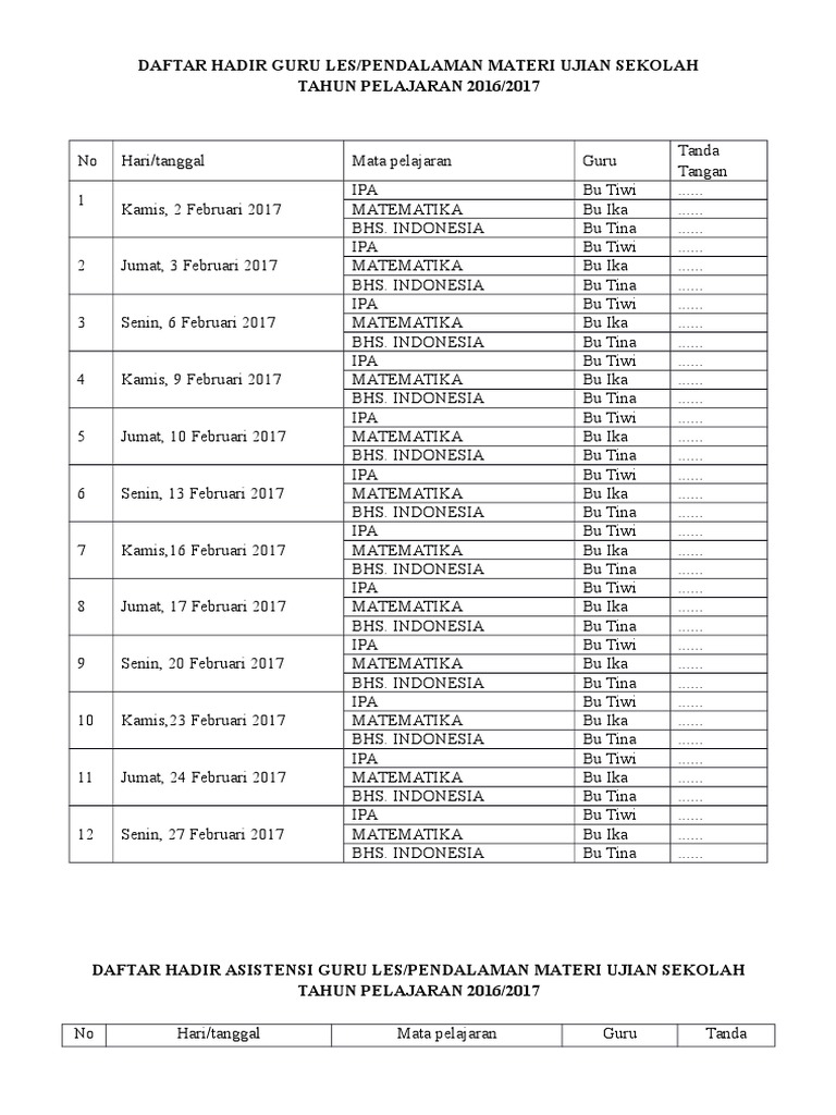 Daftar Hadir Les Kelas 6