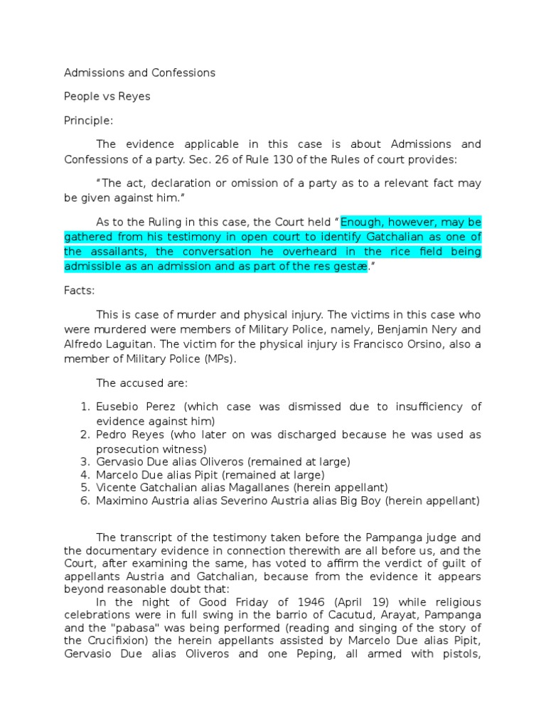 People Vs Reyes Case Digest PDF Testimony Confession (Law)