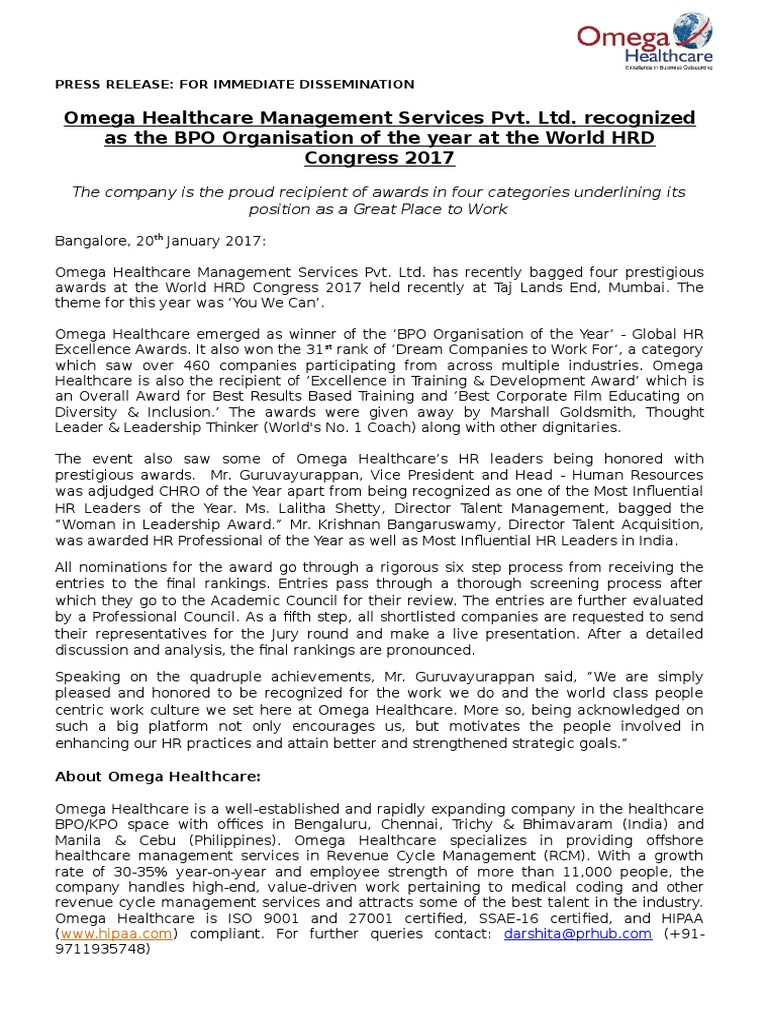 Omega Healthcare Wins At World Hrd Congress 17 Press Release Draft V1 Pdf Leadership Business