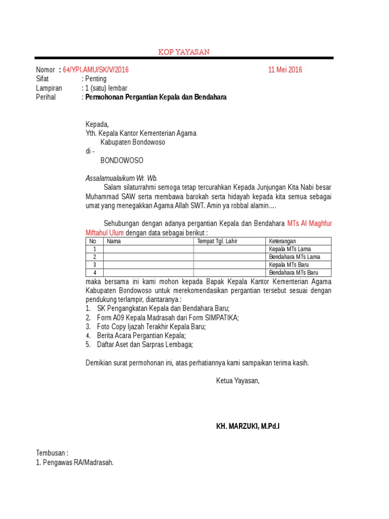 00 Contoh Surat Permohonan Pergantian Kepala Dan Bendahara