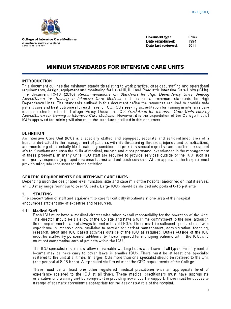 IC 1 Minimum Standards for Intensive Care Units Intensive Care Unit