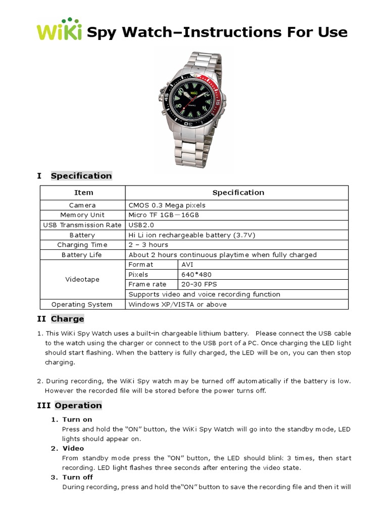 product_manual_4958_spy_watch_manual.pdf Usb Computer Hardware