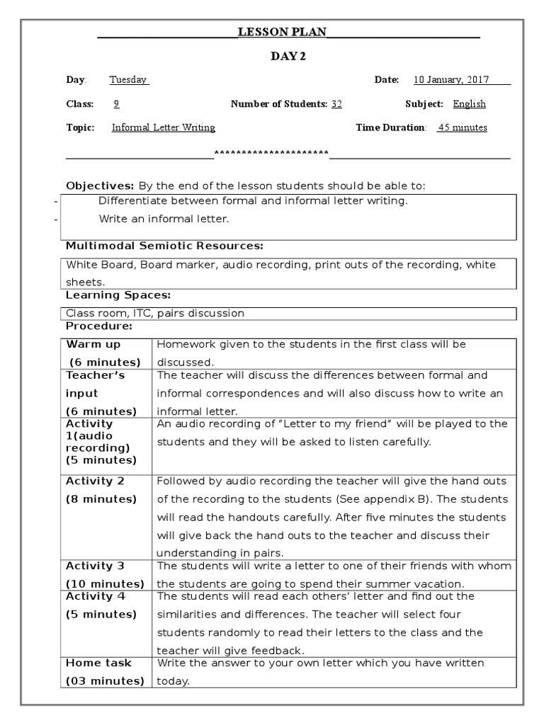 Informal Letter Writing Lesson Plan | PDF