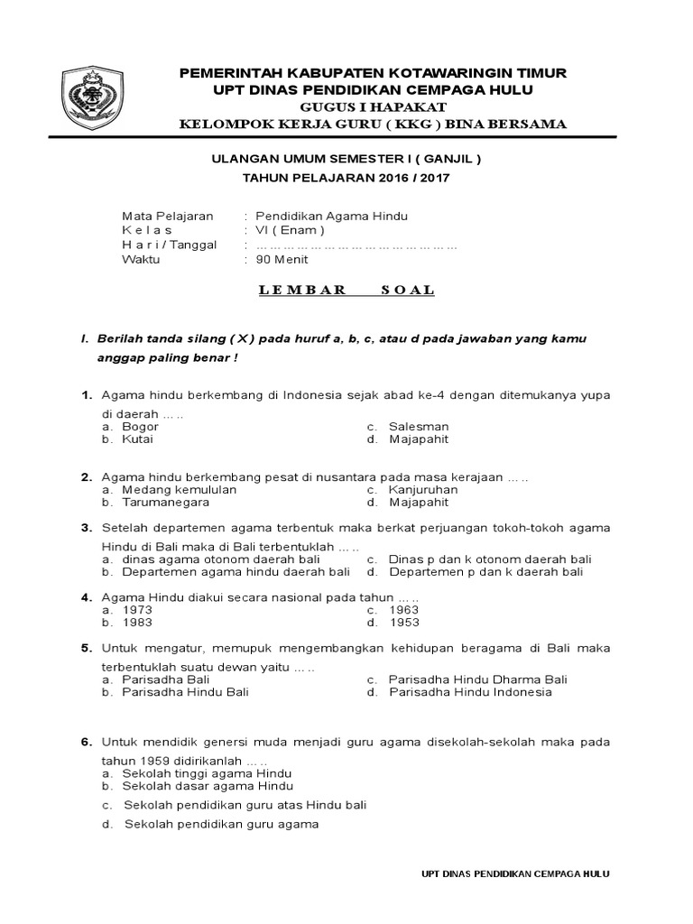 Soal Agama Hindu Kelas 4 Sd Semester 1 Revisi Sekolah