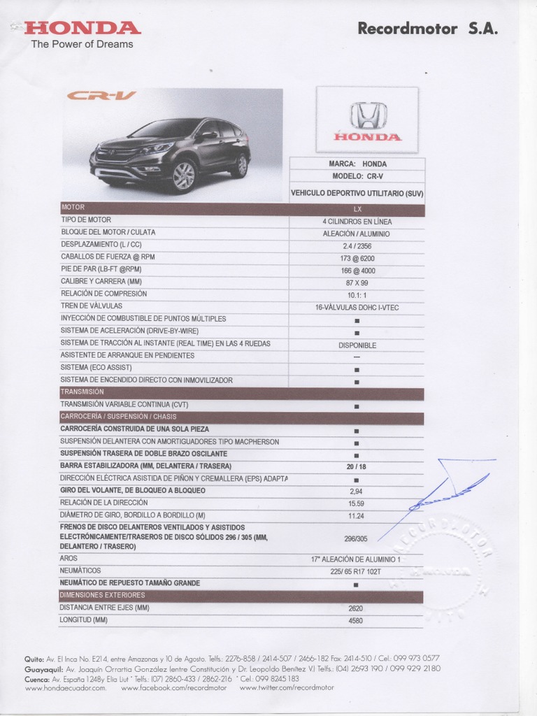 Ficha Técnica Honda CR-V 2014 | PDF | Transporte privado | Honda