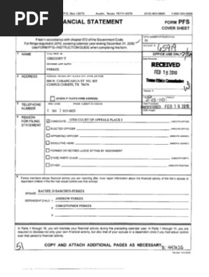 Texas Court of Appeals Judge District 13 Place 3 candidate Gregory Thomas Perkes 2010 ethics form